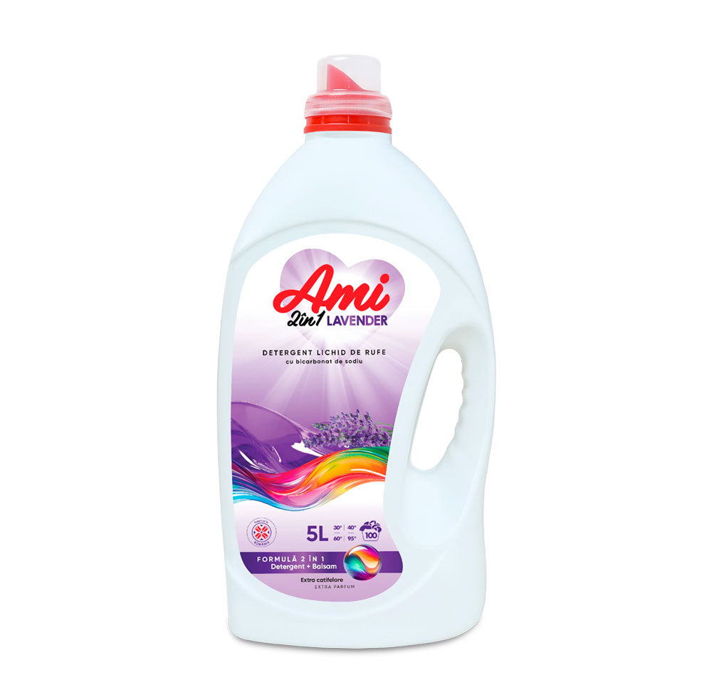 Detergent lichid de rufe Ami Lavanda 2 in 1 cu balsam 5 litri parfum lavanda o sticla alba si mov frontal