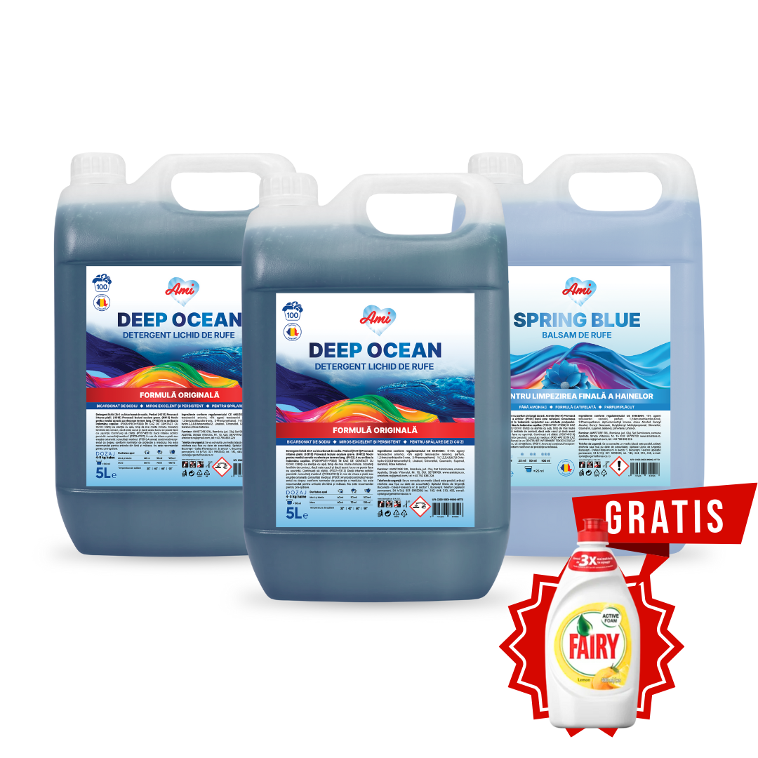 Pachet 2 canistre detergent lichid Ami Deep Ocean și balsam 5L, cadou FAIRY GRATIS poza frontala
