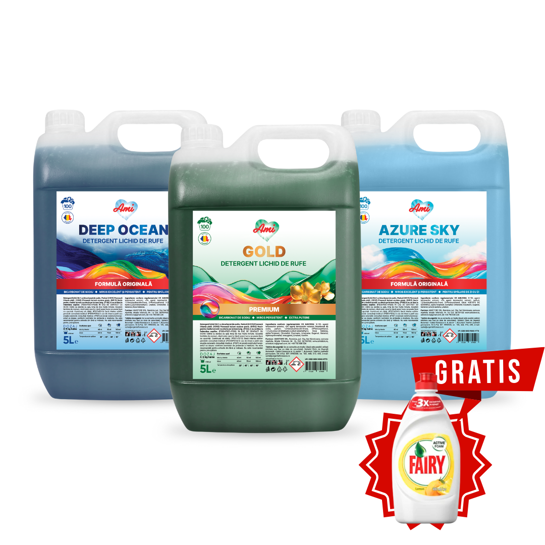 Pachet 3 canistre detergent lichid Ami: Deep Ocean, Gold Premiu și Azure Sky, cu cadou FAIRY inclus