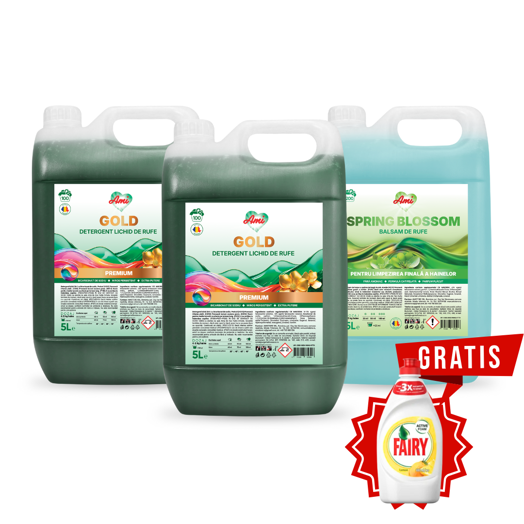 Pachet 2 canistre detergent lichid Ami GOLD Premium și 1 balsam 5L, cu cadou FAIRY GRATIS