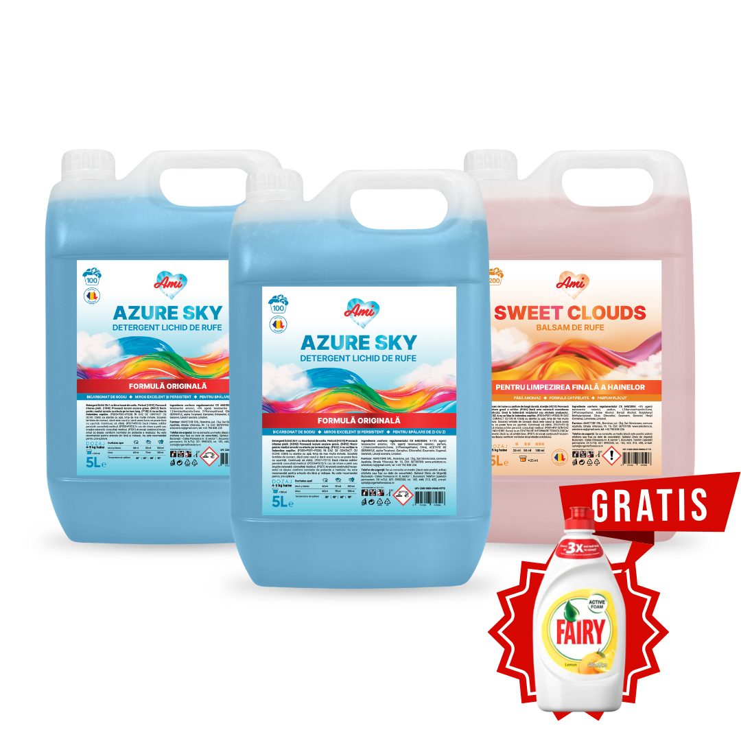 Pachet 3 produse: 2 detergenti lichizi Ami Azure Sky la canistra și balsam Sweet Clouds 5Lplus cadou FAIRY detergent de vase.
