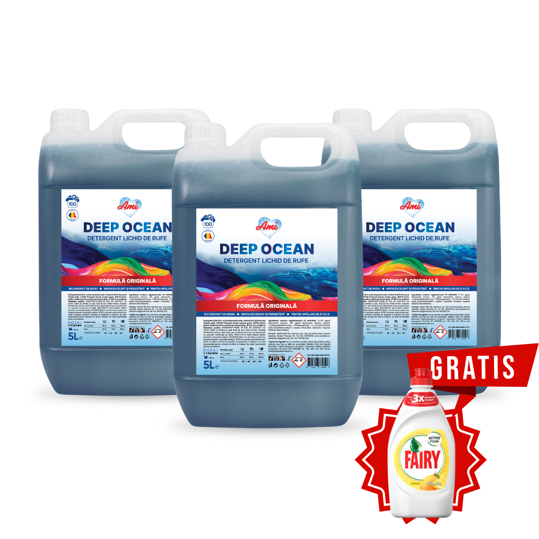 Pachet 3x detergent lichid rufe AMI Deep Ocean 5L cu Fairy Lemon cadou – putere de curățare profundă pentru toate tipurile de rufe