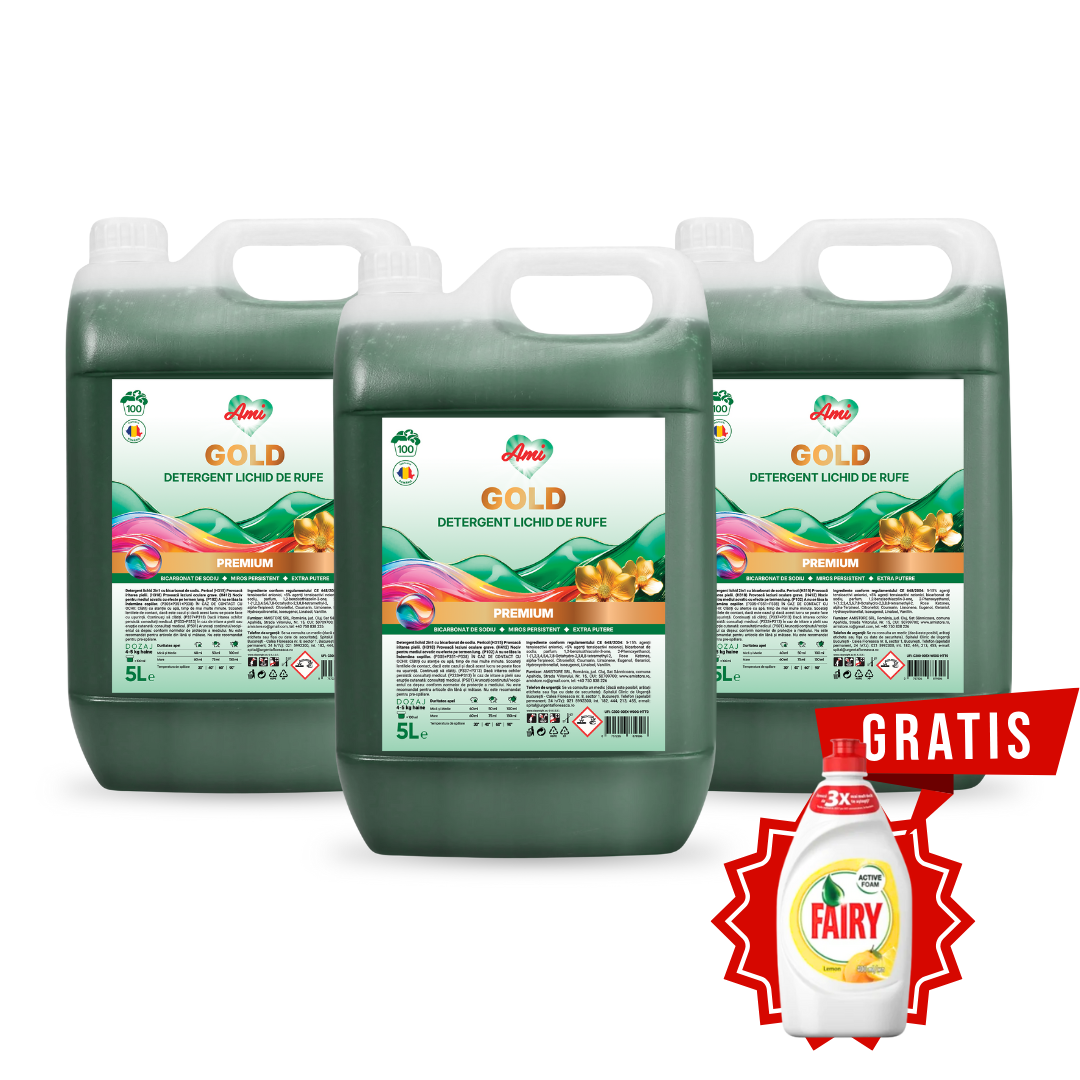 Pachet 3 canistre detergent lichid AMI gold premium 5L, lichid albastru, pozitie frontala, cu sticla Fairy Lemon cadou