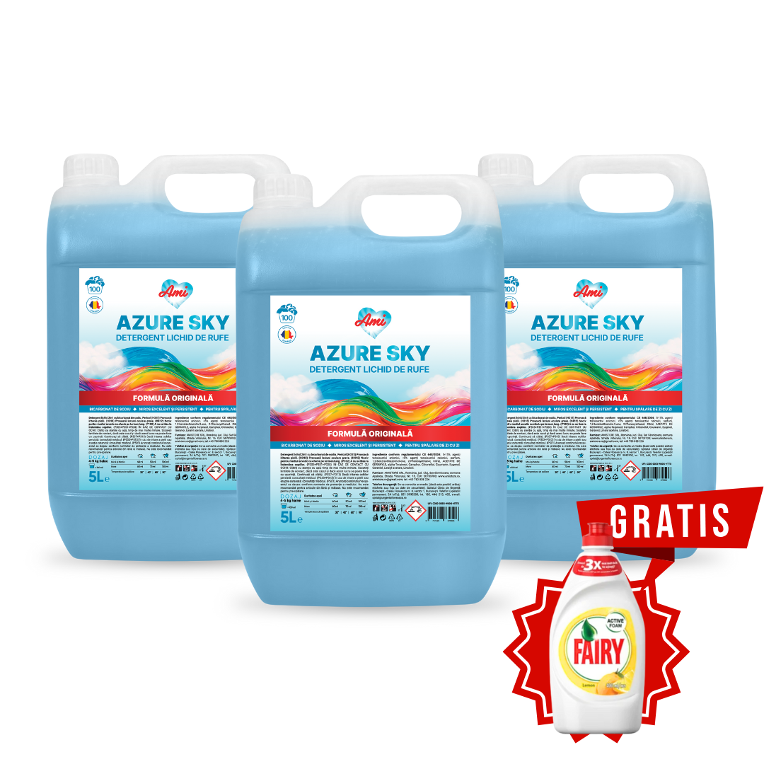 Pachet 3 bidoane detergent lichid AMI Azure Sky 5L, lichid albastru, pozitie frontala, cu sticla Fairy Lemon cadou