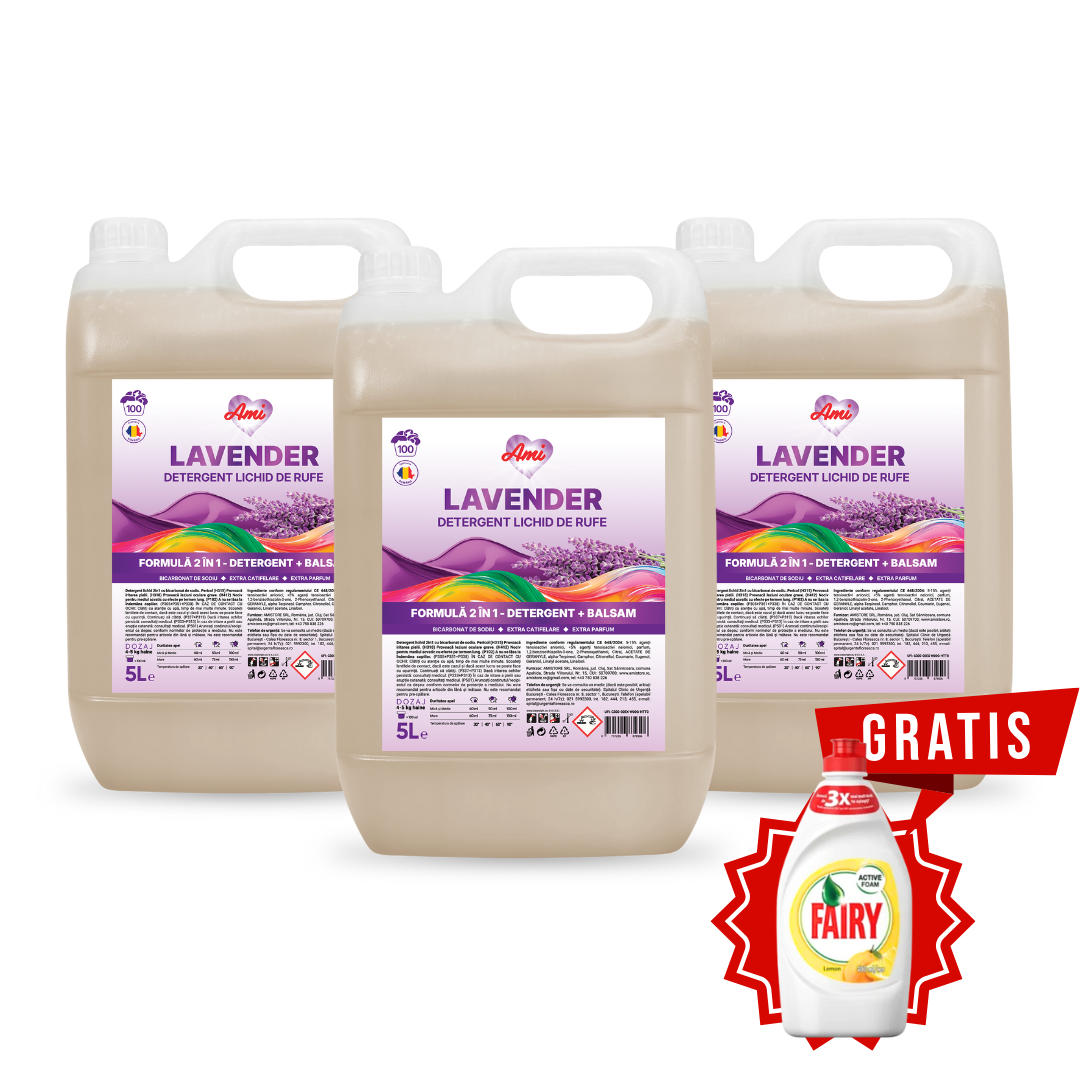 Pachet 3 canistre detergent AMI cu lavandă naturală, lichid pentru rufe, cadou FAIRY detergent de vase cu lamaie inclus, curățare eficientă și protecție țesături
