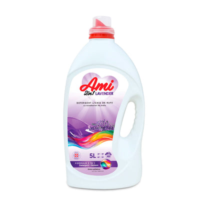 Detergent lichid de rufe Ami Lavanda 2 in 1 cu balsam 5 litri parfum lavanda o sticla alba si mov frontal